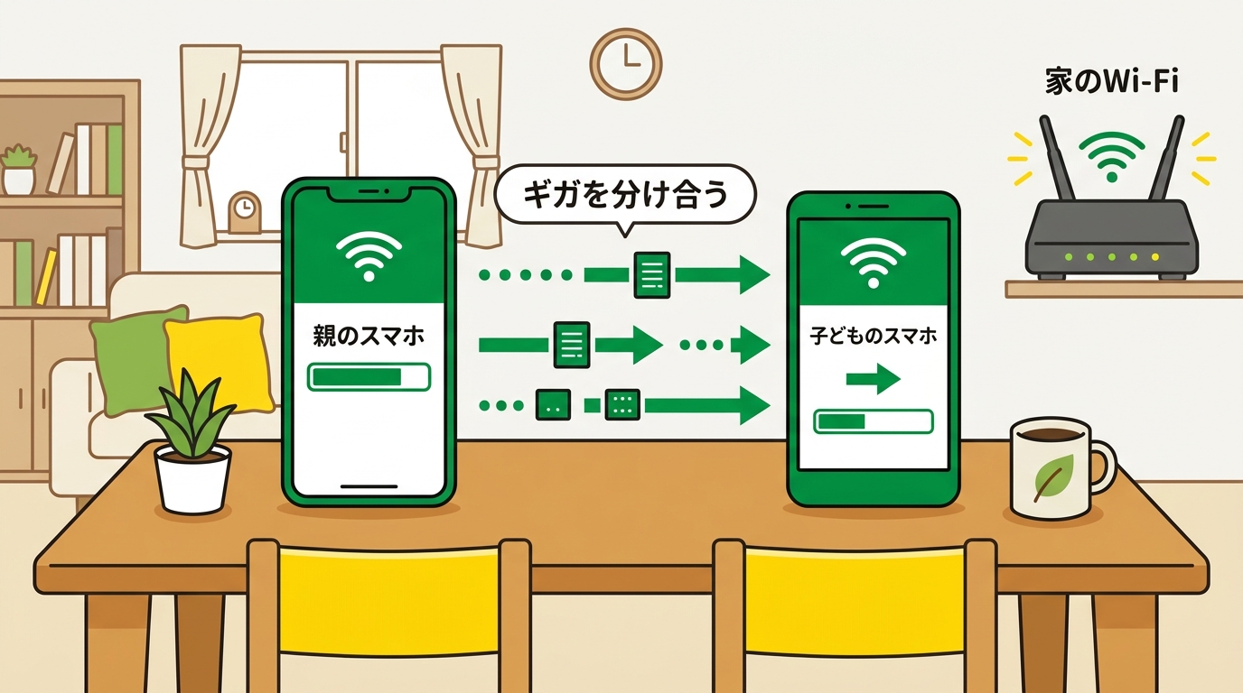 親のスマホから子どものスマホへギガを分け合う様子