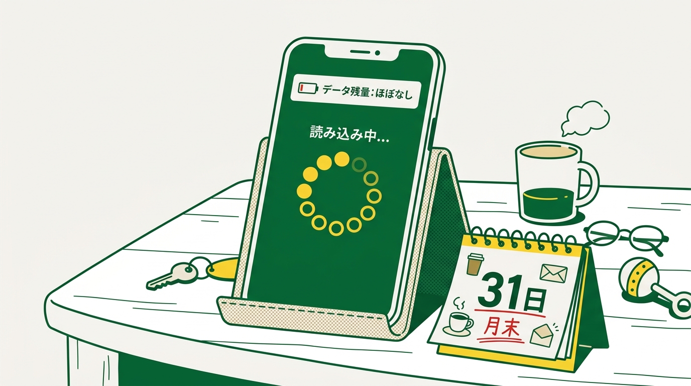 月末にデータ残量がなくなり、スマホの読み込みが終わらない様子