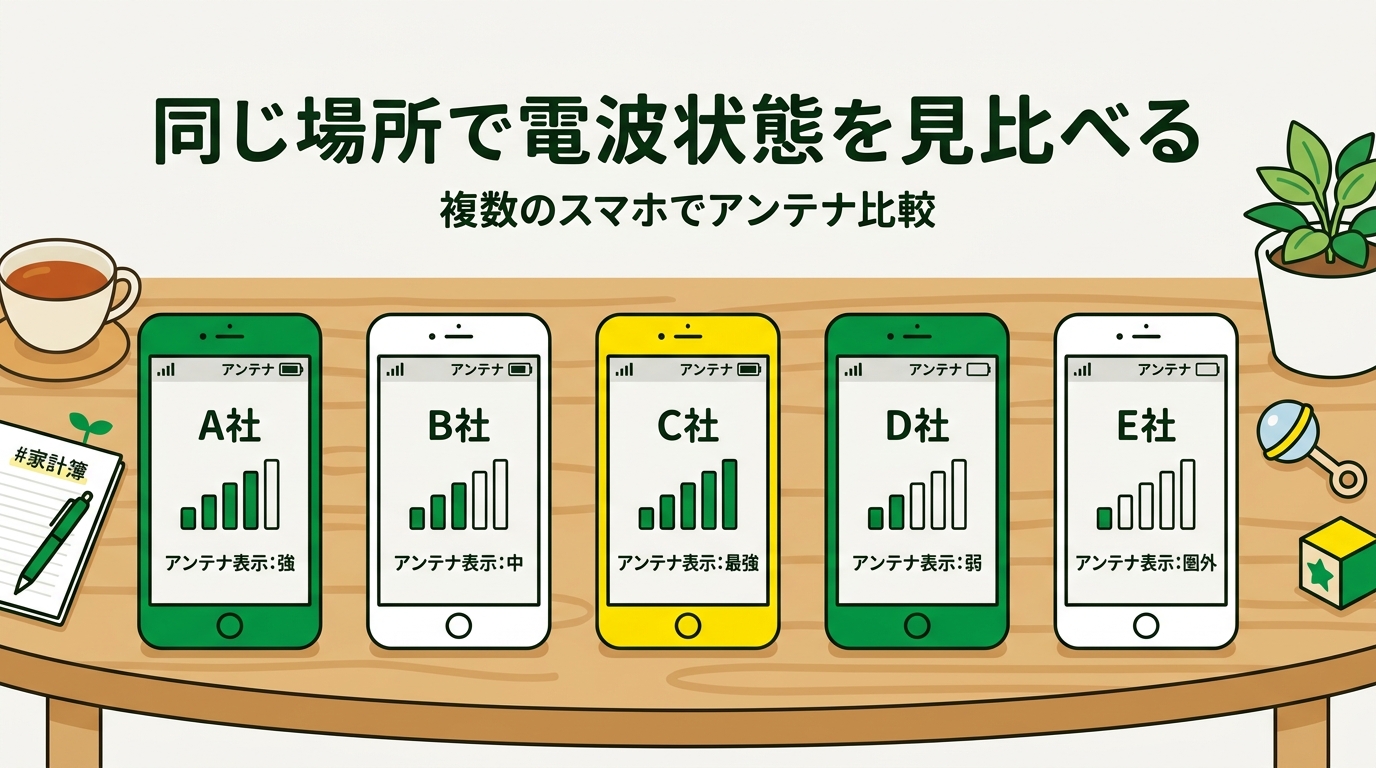 複数のスマホでアンテナ表示を見比べている場面