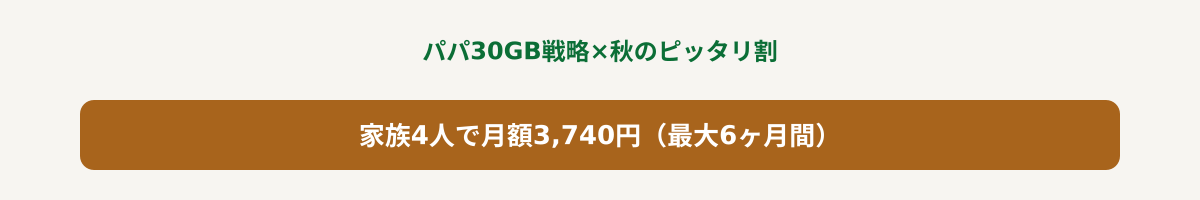 家族4人で月額3,740円(キャンペーン適用中6ヶ月間)を示すシンプルな結論図