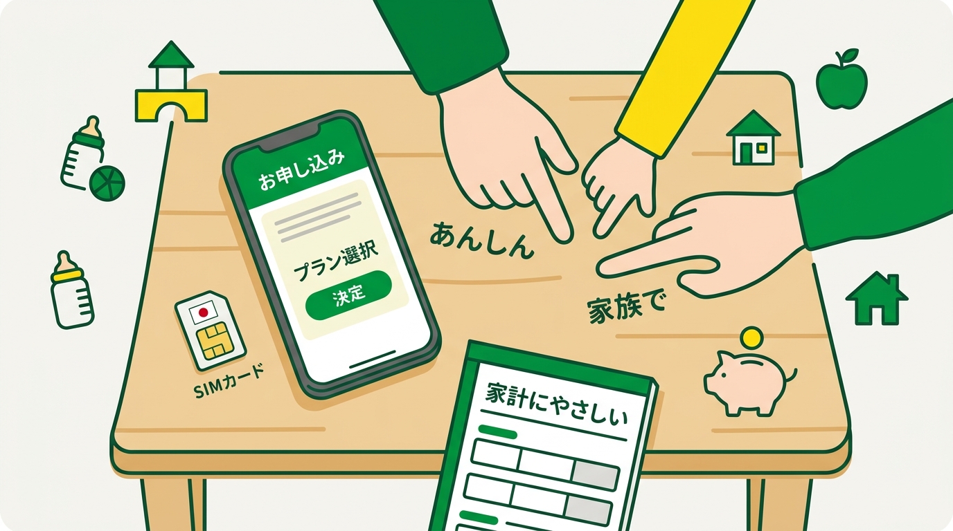 スマホとSIMカードを手に、家族で安心して申し込み手続きを進めている場面