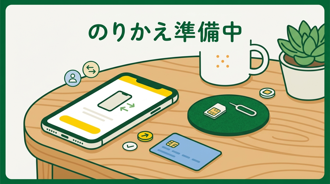 手続き前にSIMカードやスマホを前に落ち着いて準備をしている場面