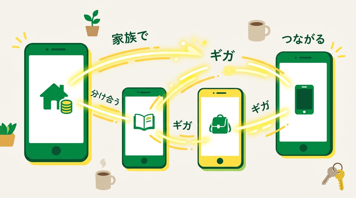 複数のスマートフォンがギガでつながる、家族でシェアするイメージ